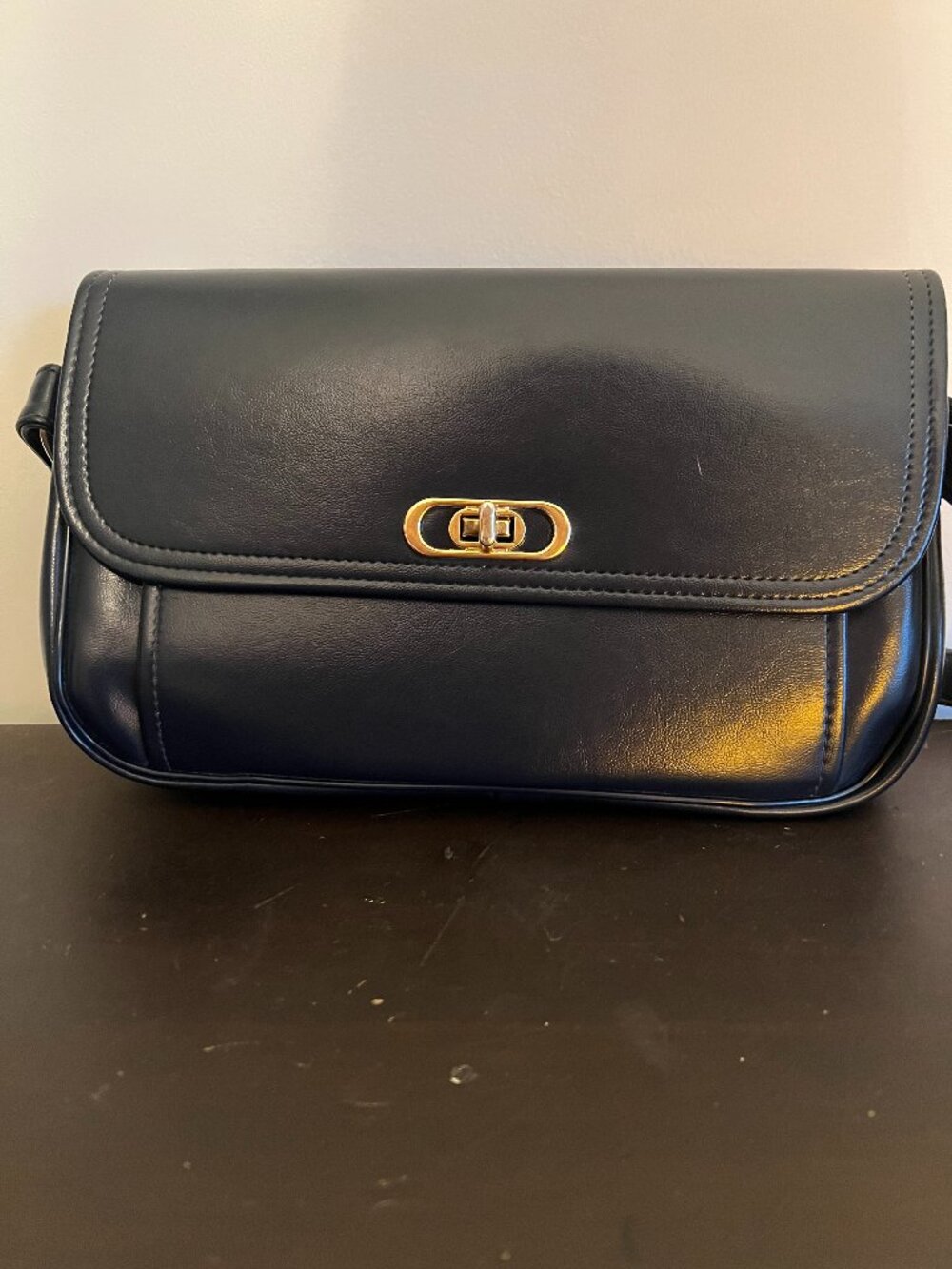 Vintage Blue Leather Crossbody Shoulder Bag Turn Lock Organizer Purse